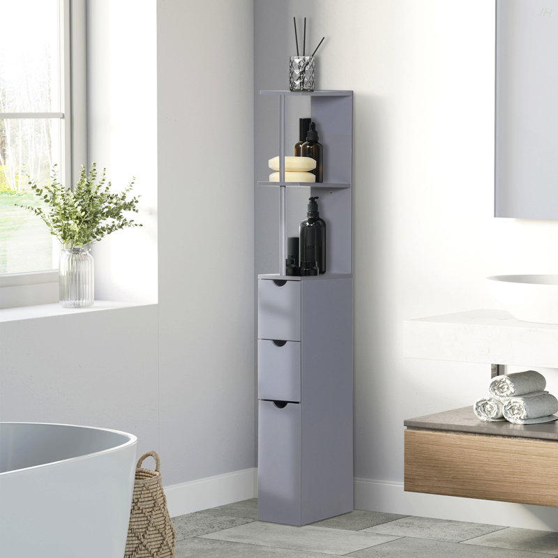 Armoire de rangement pour salle de bain de 54 po de hauteur, tour à linge autoportante avec tablette à 2 niveaux et tiroirs, rangement pour plancher étroit, gris