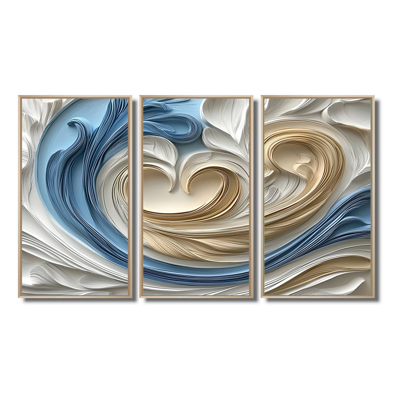 «White Spiraling Hearts Accented with Blue I», ensemble d'art mural spirales abstraites, H 28 po x l 36 po x P 1 po