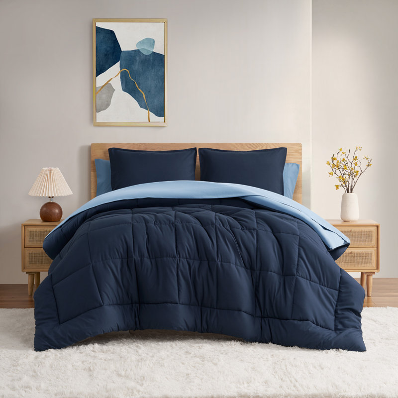 Solid Reversible Blue Comforter Set With Sheet Set, Queen Comforter + 6 Additional Pieces