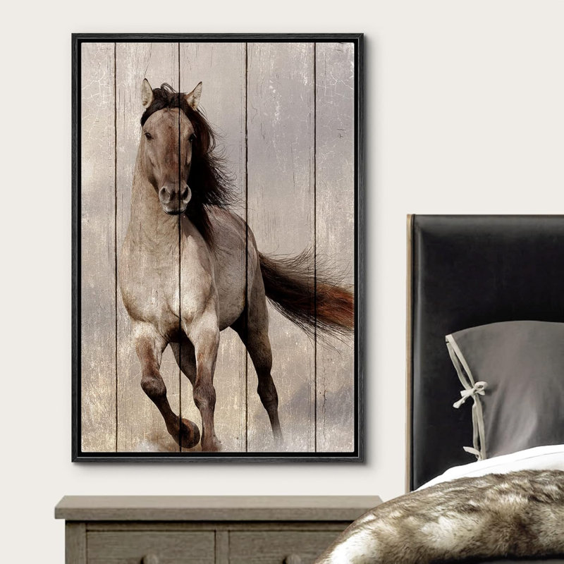 Chevaux qui courent, panneau rétro, effet de bois brun, animaux blancs, art numérique, ferme, faune rustique