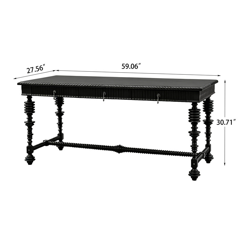 Bureau long 59,06 "en bois massif sculpté noir avec trois tiroirs, 30.71" H x 59.06" W x 27.56" D