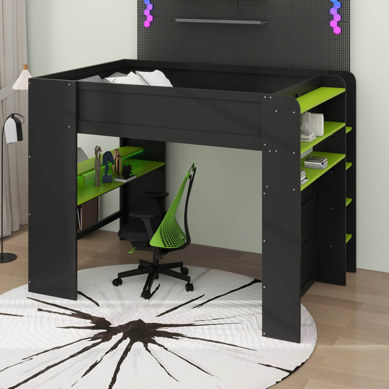 Full Size Gamer Loft Bed With Height-Adjustable Desk,Wardrobe And RGB Light, Black/Green