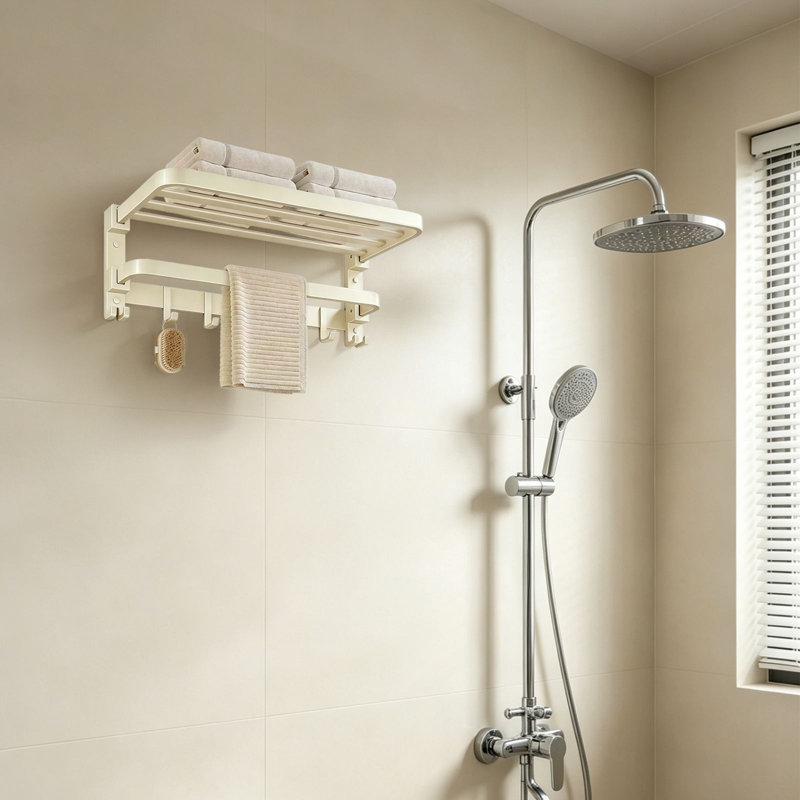 Foldable Bathroom Shelf, Wall Mounted Towel Rack, Beige