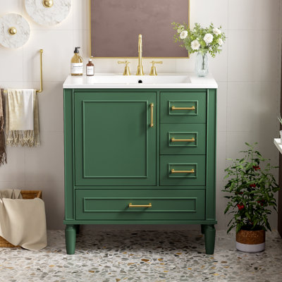 30" Traditional Freestanding Bathroom Vanity with Ceramic Sink, Gold Handles & Soft Close