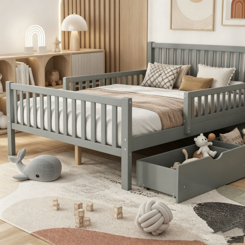 Twin Size Wood Platform Bed with Guardrails on Both Sides and Two Storage Drawers, Grey, Twin