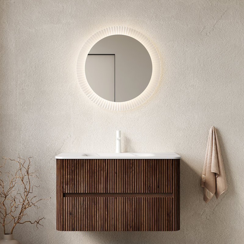 Meuble-lavabo 36 po avec noyer rétro, lavabo chaud en pierre frittée blanche, armoire 2 tiroirs en contreplaqué flottant, meuble-lavabo facile à assembler, rangement, texture, conception murale