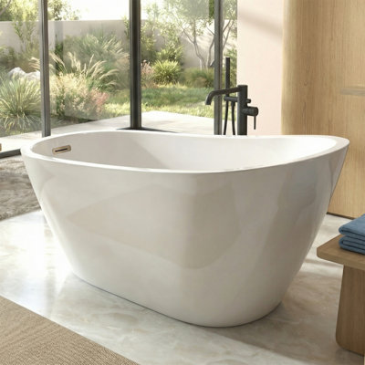 59" Special-Shaped Freestanding Acrylic Bathtub, Slipper Design, Deep Soaking, 8-Layer Reinforced Structure, Chrome Pop-Up Drain & Overflow