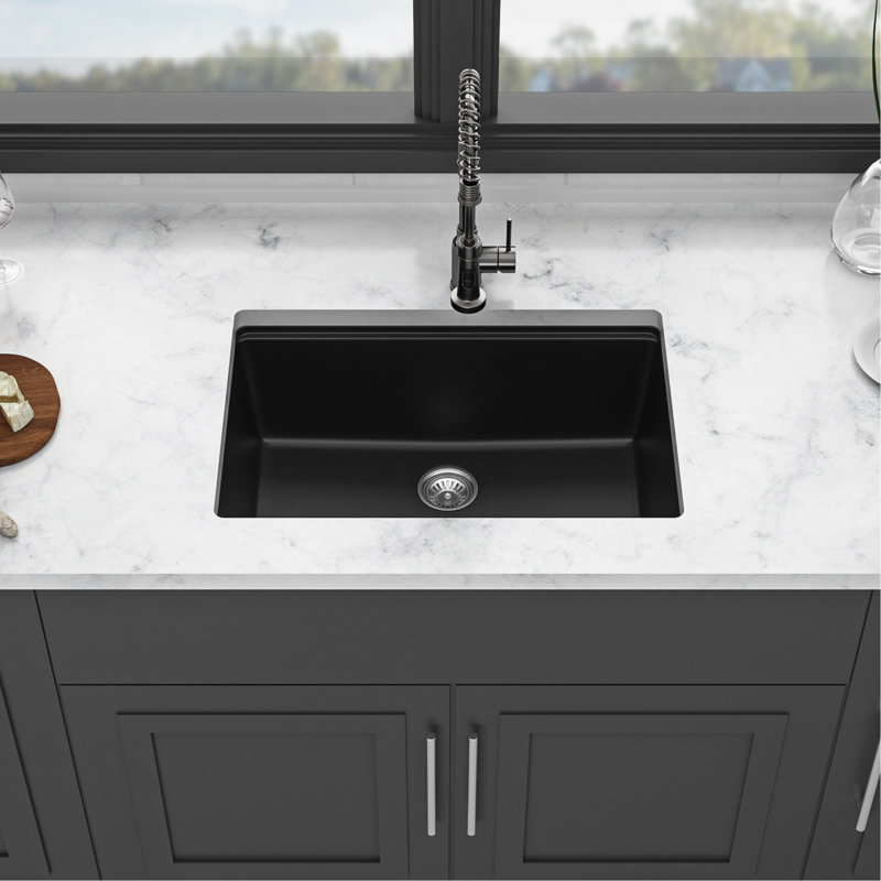 Matériau haut de gamme pour évier de cuisine encastrable en quartz noir de 19 po de largeur et profondeur de 28 pouces, avec surface non poreuse, réduisant l'accumulation de saleté, avec support à roulettes noir, quartz, évier, 28 po x 19 po