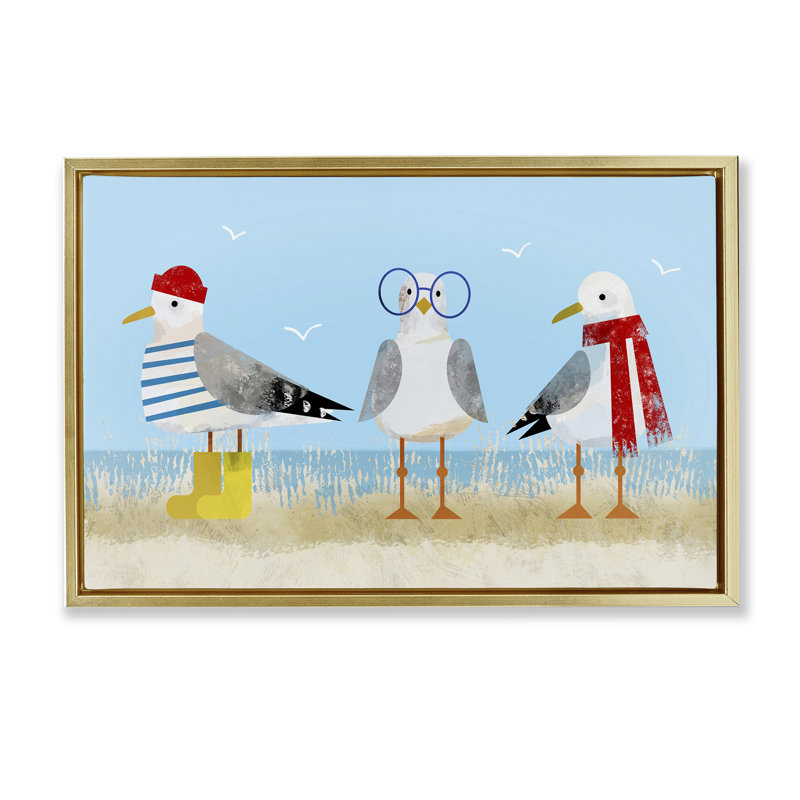 Mouettes en hiver, toile flottante brune encadrée par Victoria Barnes, Cadre flottant métallique doré, H 21 po x l 31 po