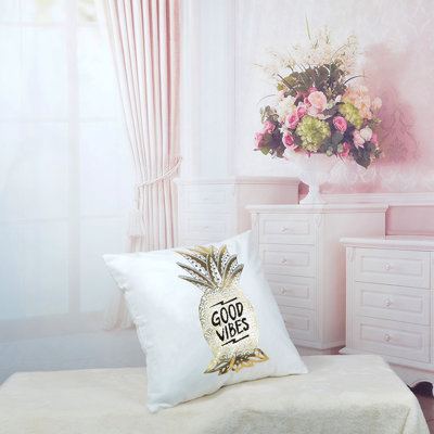 Good Vibes Decorative Throw Pillow Cover 18 x 18 inches White and Gold