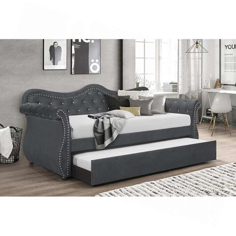 Upholstered Velvet Wood Daybed With Trundle, Gray