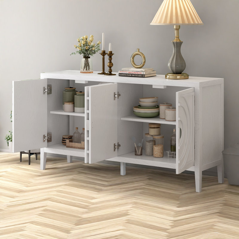 Floyds 60" W Retro Sideboard door with Circular Groove Design,Dining cabinet,Buffet table, White