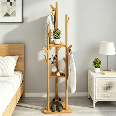 Portemanteau autoportant en bambou avec 9 crochets et 3 tablettes de rangement, support à arbre rotatif facile à assembler pour le vestibule