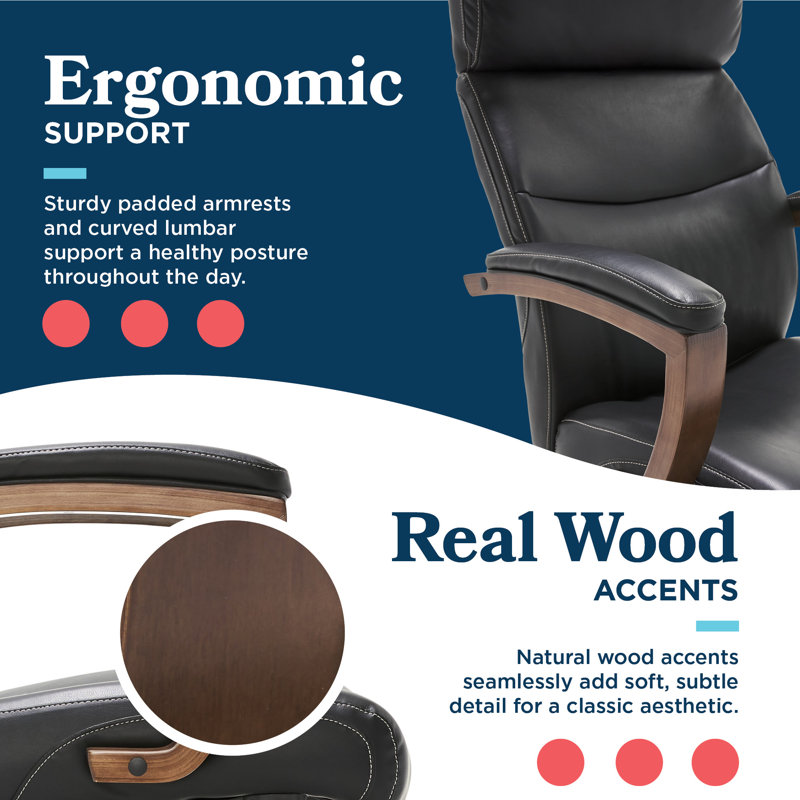 ErgoExecutive High-Back Swivel Chair with Wood Accents in Black Leather