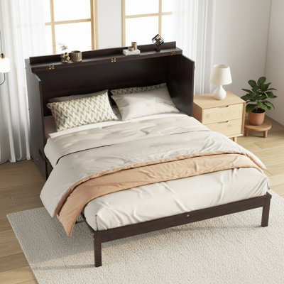 Grand lit escamotable, armoire-lit en bois de pin avec centrale électrique et panneau de décoration en rotin, espresso
