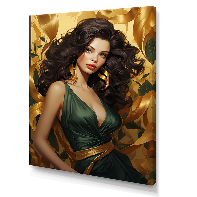 «Green and Gold Glam Woman Glory I», Toile tendue, 40" H x 30" W