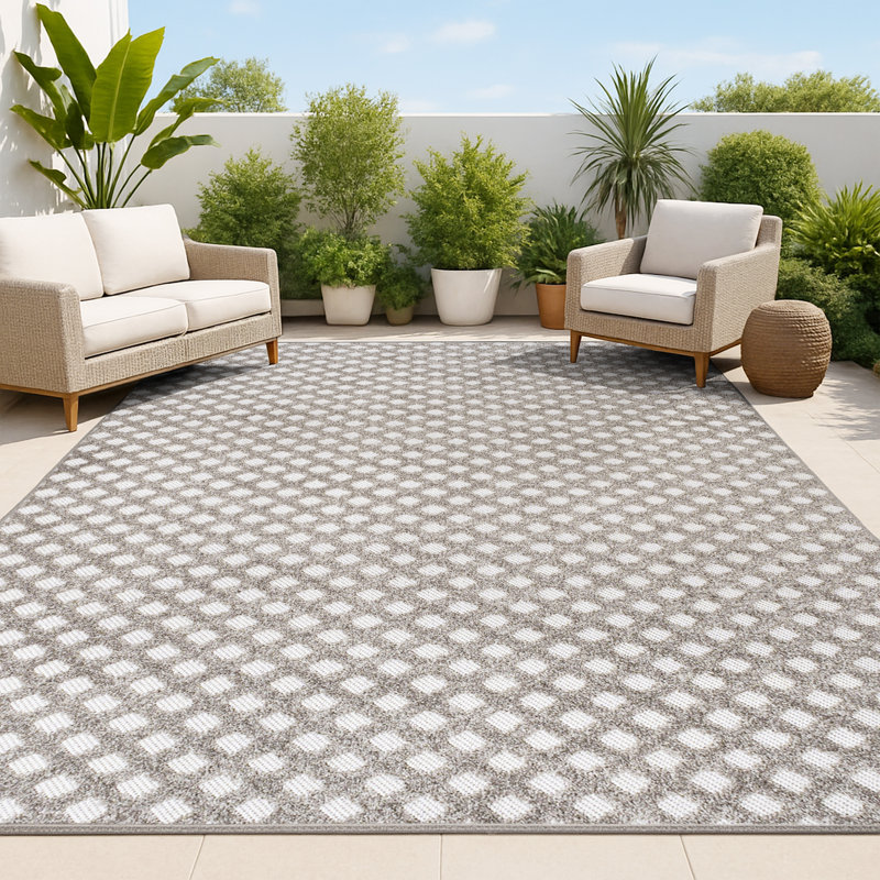 Rabat High-Low Pile Mini-Diamond Trellis Dark Gray/Ivory Indoor/Outdoor Rug, Rectangle 7'9" x 10'