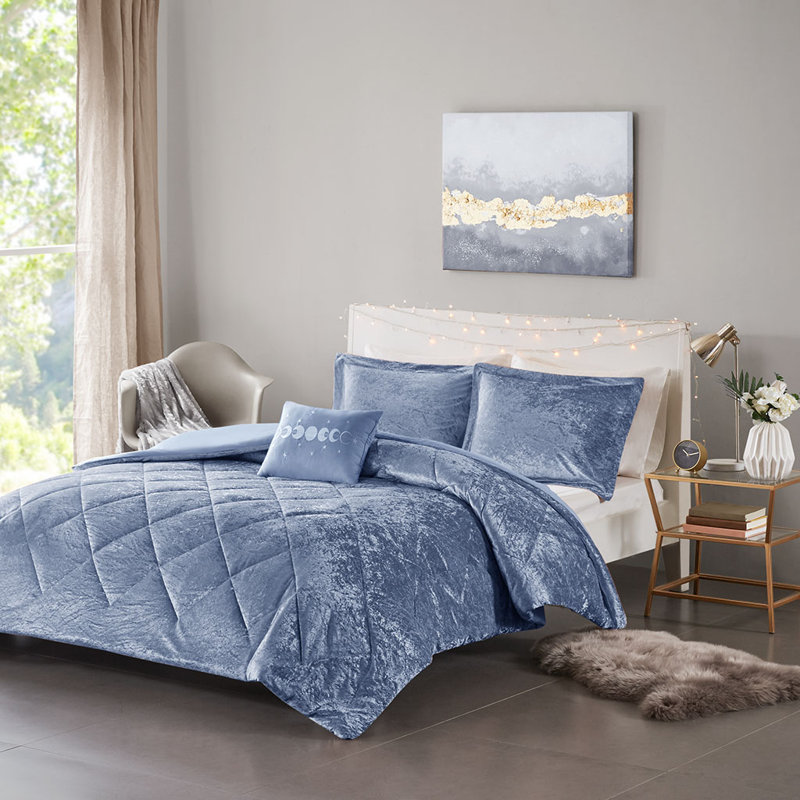 Ensemble de housse de couette en velours avec coussin décoratif - Velours matelassé Glam Luxury, Bleu