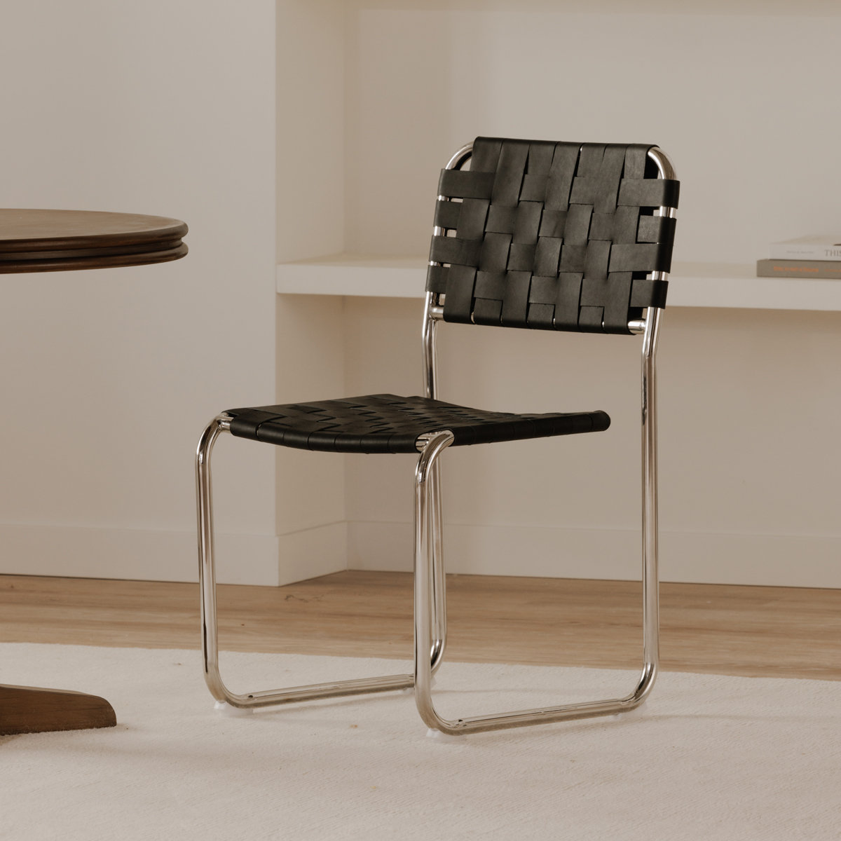 Bailee Woven Leather Cantilever Dining Chair, Black Top Grain Leather, Silver