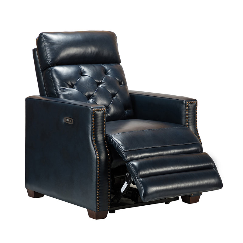 Gumesindo 31.50" Wide Genuine Leather Power Recliner, Navy  Genuine Leather