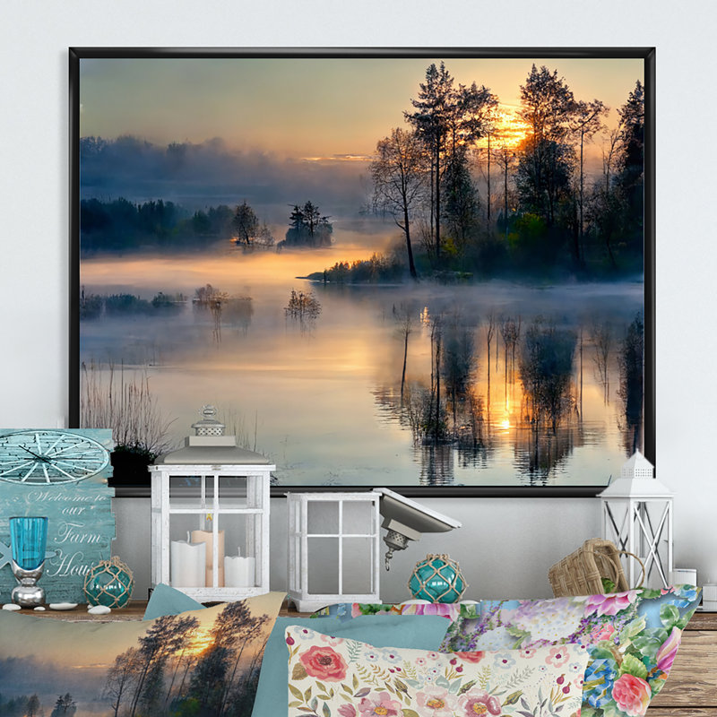 Rasheed matin brouillard au-dessus du lac coucher de soleil II - art mural lac, Cadre flottant noir