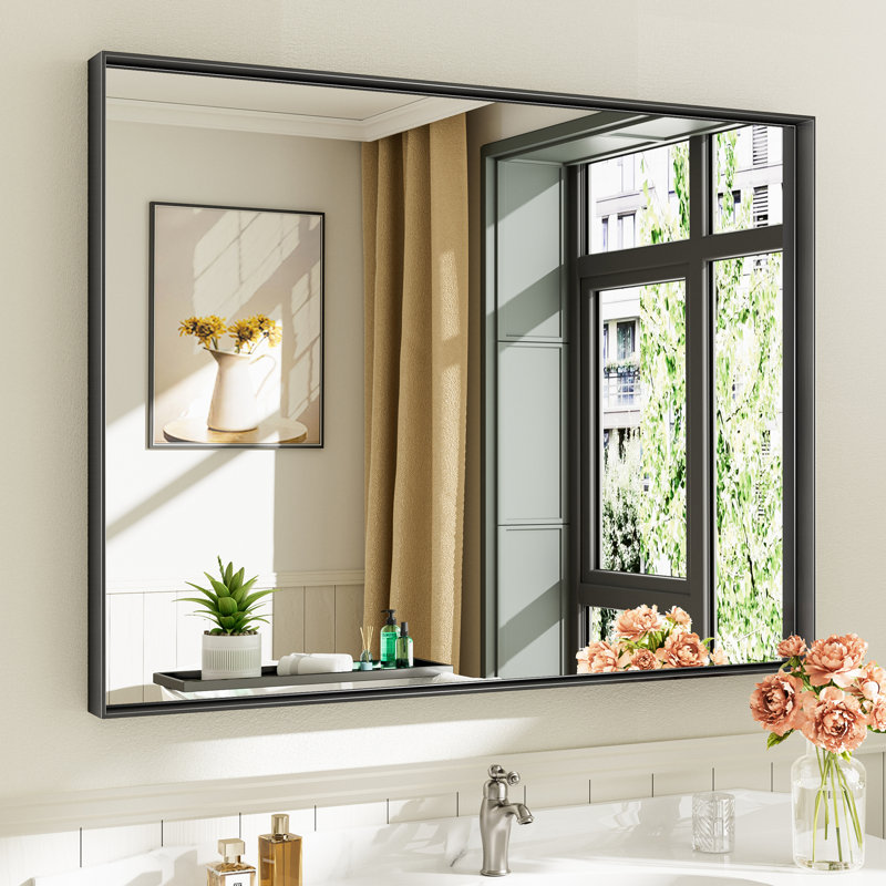 Miroirs de salle de bain rectangulaires / carrés modernes et contemporains en aluminium noir mat avec verre trempé HD