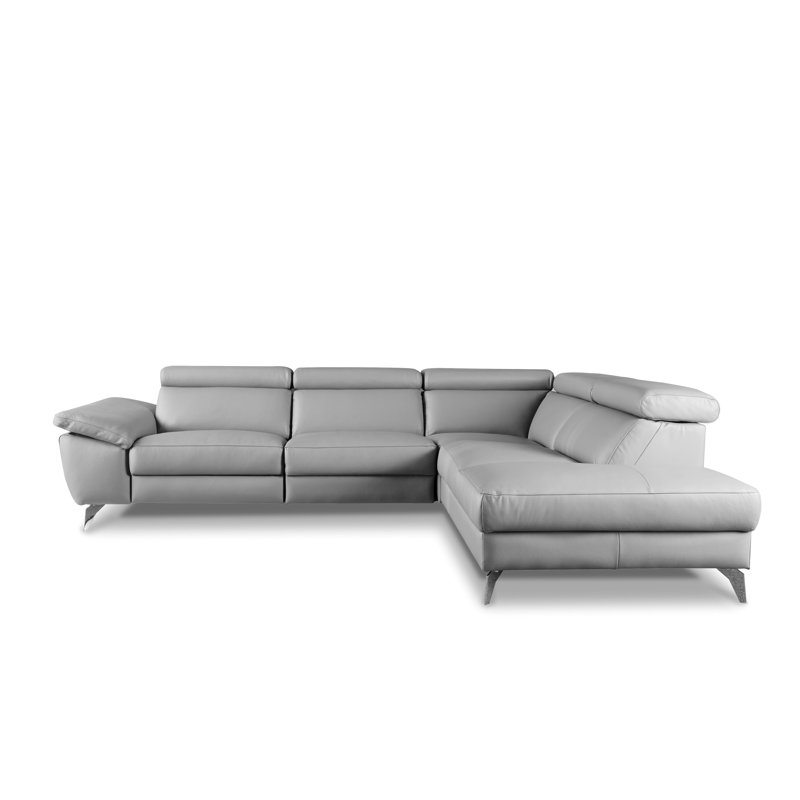 Olligs Genuine Leather Reclining Corner Sofa with Adjustable Headrests and Adjustable Armrest, Grey Genuine Leather
