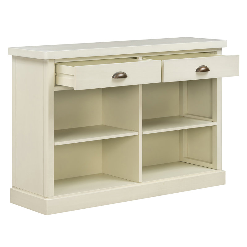 Console Bely Farmhouse avec 2 tiroirs et tablettes de rangement ouvertes, Console de rangement blanche avec 2 tiroirs