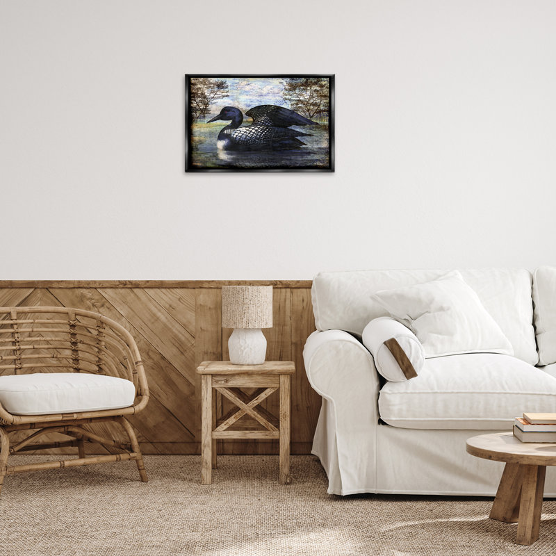 Toile flottante encadrée «Loon in Rustic Pond» par Paul Brent, Cadre flottant noir de jais, H 17 po x l 25 po