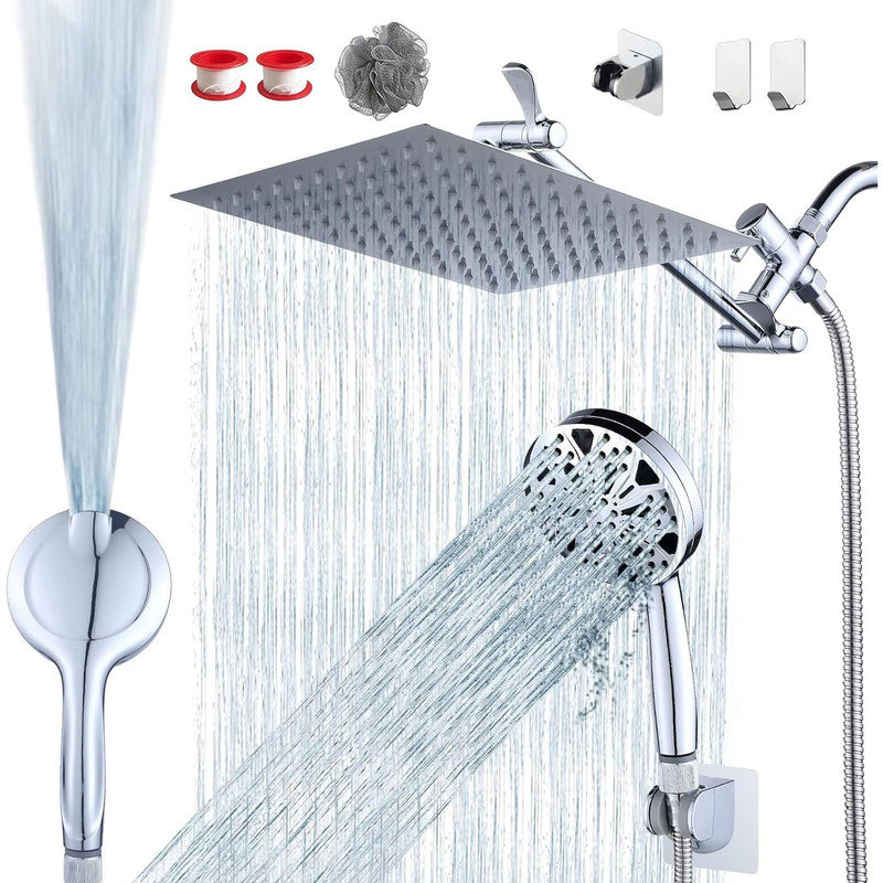 10'' Chrome Rainfall Shower Head with Handheld Combo and Adjustable Arm