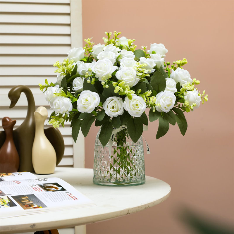 4PS Artificial Rose Flowers, Silk Rose Bouquet With 28 Rose Heads, Fake Flowers Realistic Roses, White