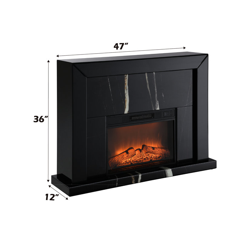 Foyer rectangulaire en miroir noir - bois composite, grain de marbre élégant, lueur en verre trempé, profondeur de 12 po, fabrication de 47 po de largeur, caractéristique du grain à la mode, attrait, hauteur de 36 po, profondeur
