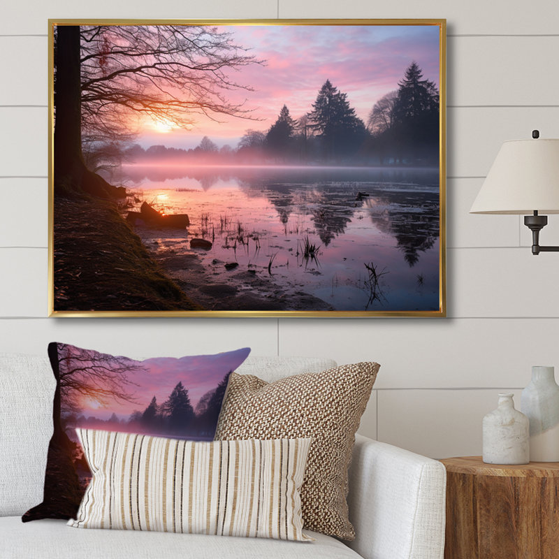 «Pastel Sunrise Misty Mountain Lake I», reproduction, 24" H x 32" W, Cadre flottant doré