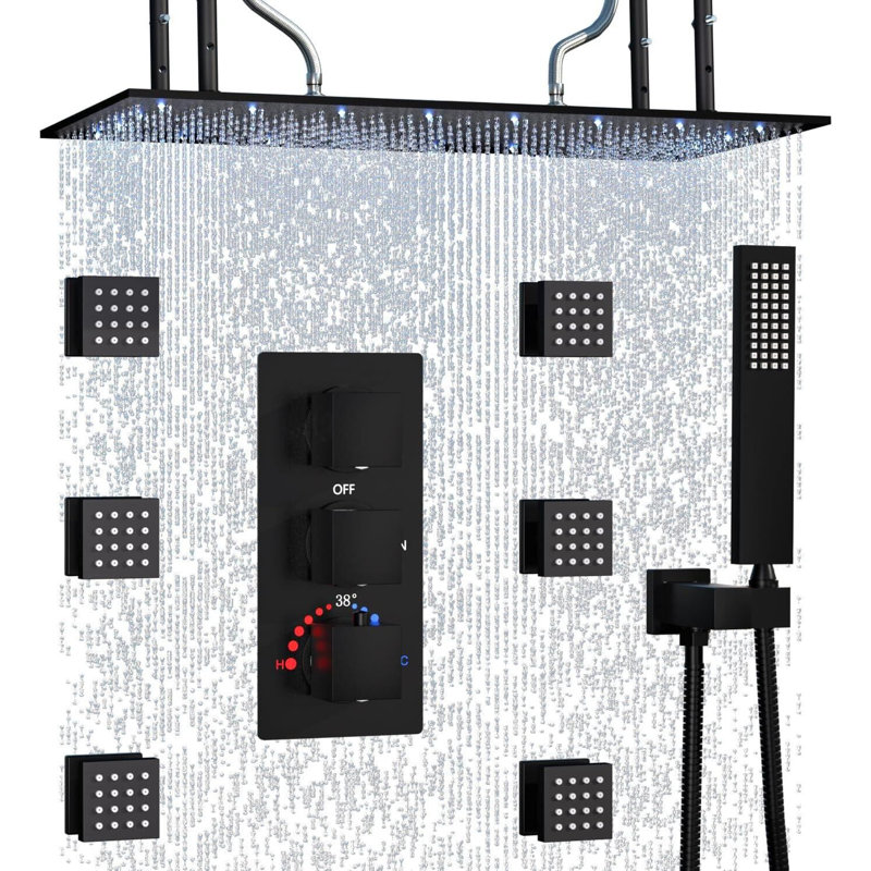 16"X32" Shower Faucet System Massage Jet Bathroom LED Rain Black Thermostatic
