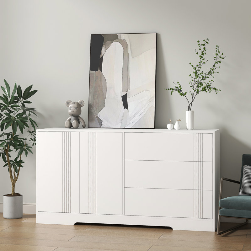 Buffet moderne blanc avec rangement - grands tiroirs et armoires à double porte pour cloisons de cuisine réglables