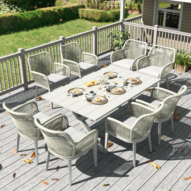 9 Pieces Outdoor Dining Set With Rectangular Dining Table And 8 Chairs, Light Gray Cushion/White Frame, 8