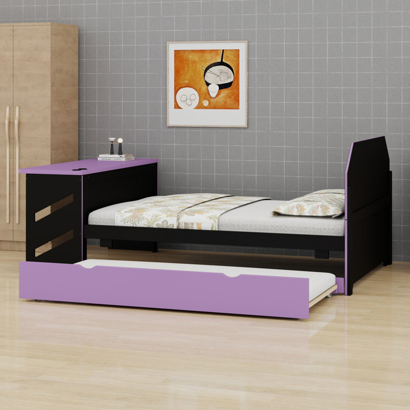 Lit de jour en bois peu encombrant avec lit gigogne, bureau et port USB