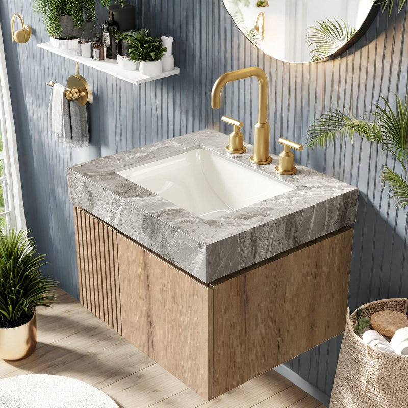 Dans un meuble-lavabo et un lavabo flottant, rangement de salle de bain moderne en contreplaqué