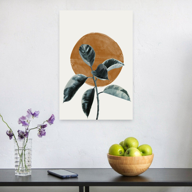 Feuille et soleil, impression abstraite minimaliste moderne, plante de caoutchouc nature tropicale, 24" H x 16" W