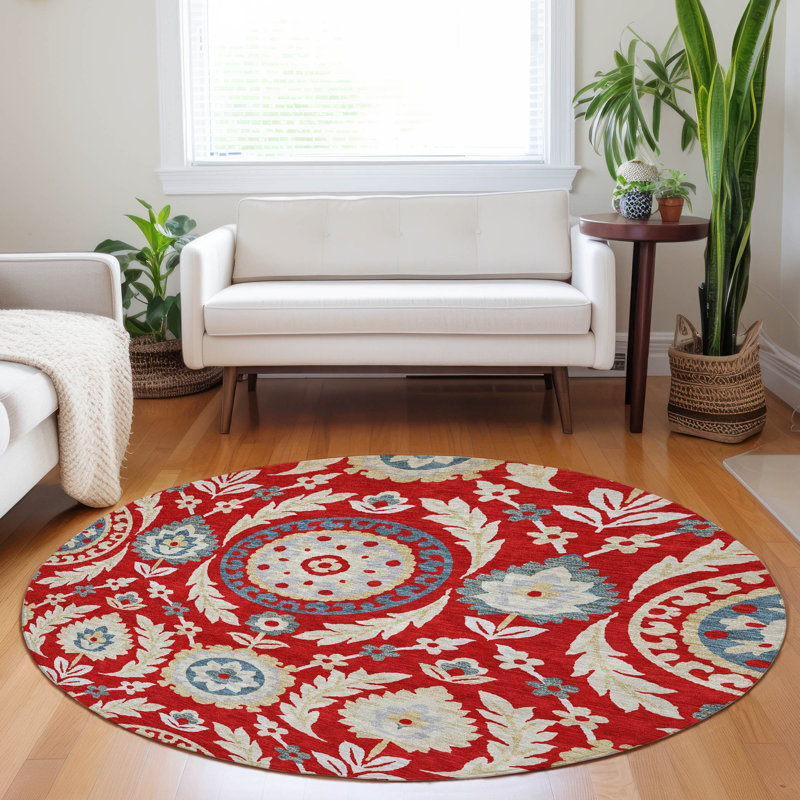 Premium Machine Washable Prisco Red Rug, Round 8'
