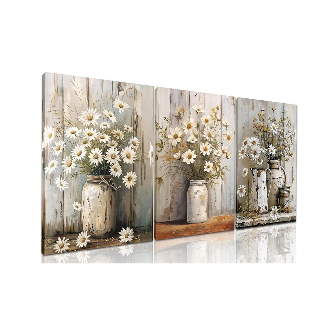Daisy Bathroom Canvas Wall Art Set Of 3, Vintage Rustic Farmhouse Wall Decor Paintings, Living Room Floral Posters Prints Pictures For Bathroom Bedroo