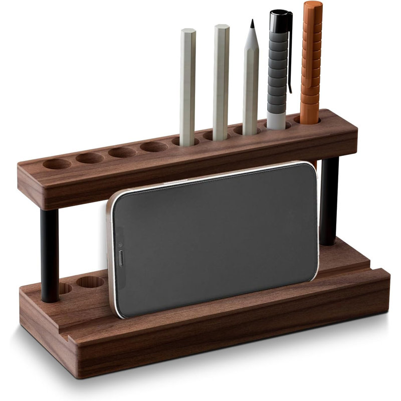 Solid Walnut Pen Display Stand With 9 Slots And Cell Phone Holder