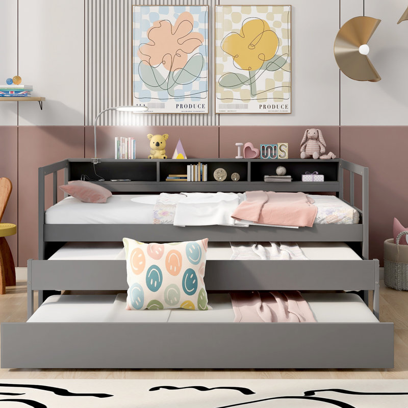 Lit de jour simple TG gris avec 2 gigognes, 3 rangements et installation, charge incluse, Gray
