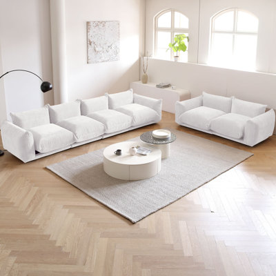 Canapé modulaire en tissu à accoudoirs arrondis en chenille 6 places Cath, 2 pièces incluses