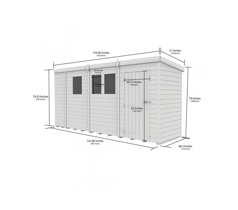 Total Sheds 13ft x 4ft Composite Pent Garden Shed - Single Door - With Windows - EPDM Rubber Roof - UK Manufactured