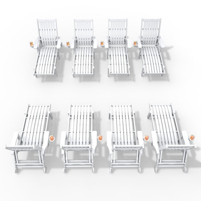 White Outdoor HDPE Adjustable Reclining Chaise Lounge Chair With Wheels & Cup Holder (Set of 8)