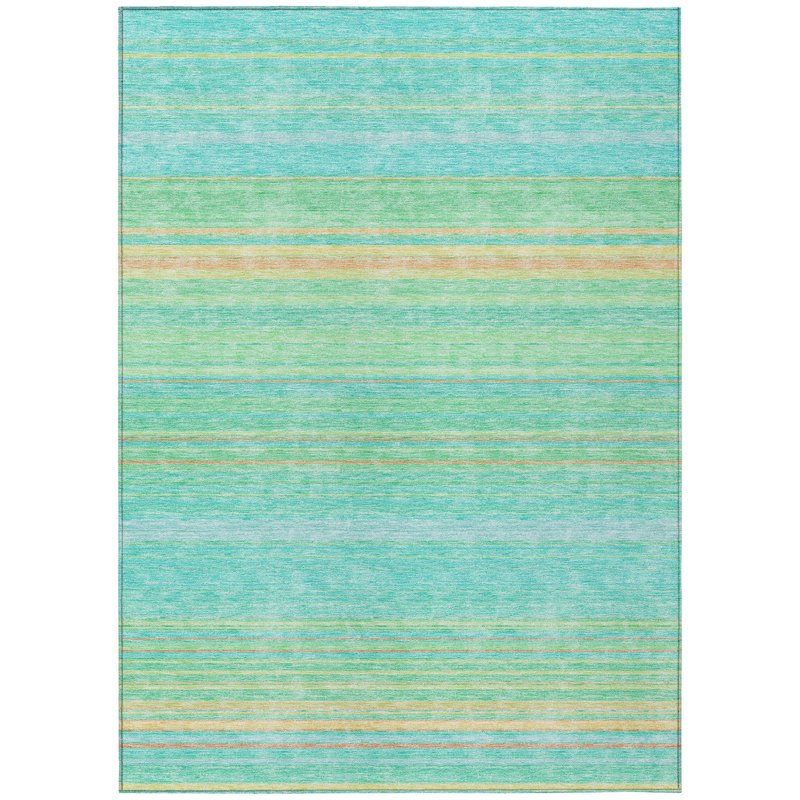 3' X 5' Aqua Green And Yellow Striped Washable Indoor Outdoor Area Rug