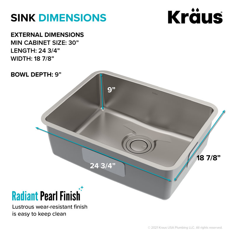 Évier de cuisine en acier inoxydable à simple cuve encastrable en forme de L 25 pouces DRA ™ KRAUS RA Series avec DrainAssure WaterWay