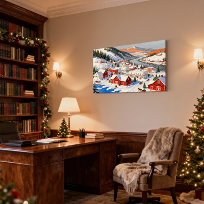 «Christmas Winter Village Snowy Landscape Red Barns», ensemble de 3 reproductions d'art sur toile