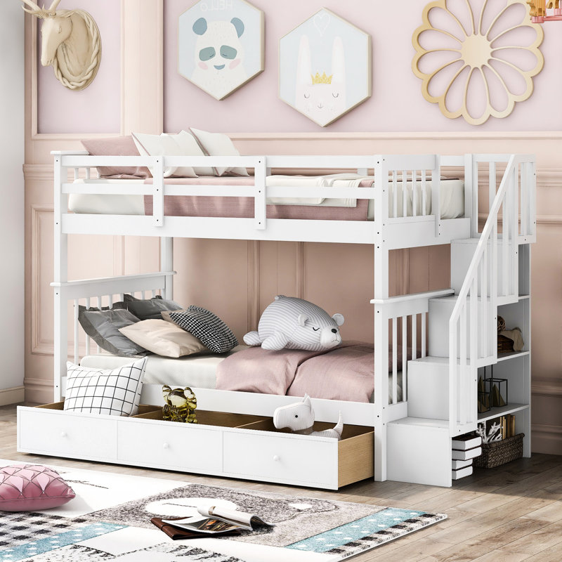 Twin Size Bunk Bed With Three Drawers - & Functional Bedroom Piece In White Stairway Twintwin Maximize Space, White
